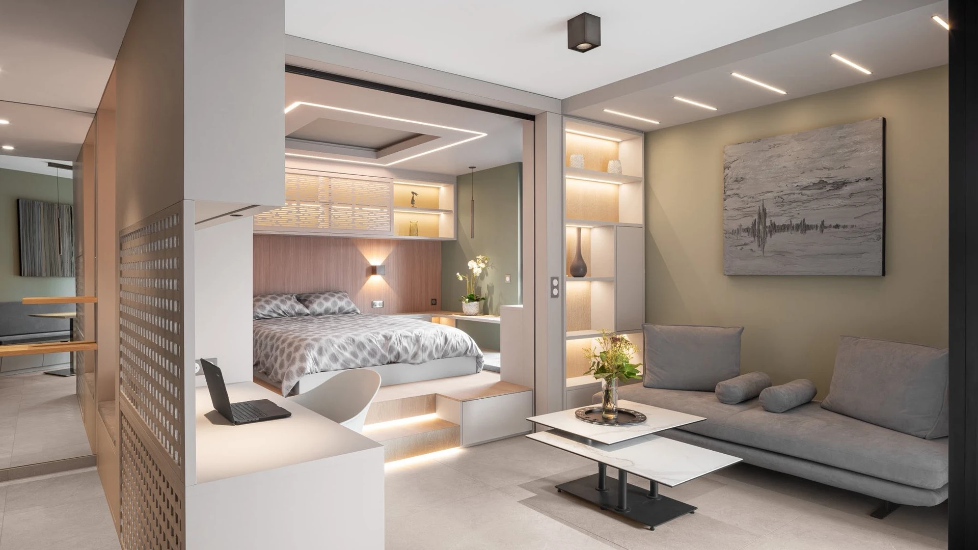 Intérieur moderne d'appartement avec cuisine ouverte sur salon